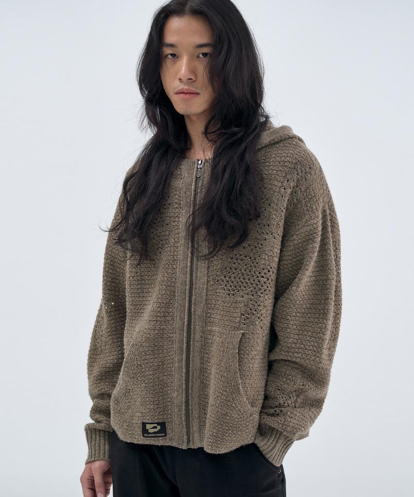 WELLBEING EXPRESS Distressed Knit Zipup Hoodie Brown