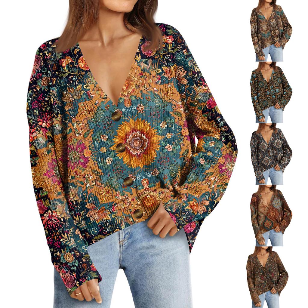 Women's Fashion Long Sleeve Christmas Print V-Neck Button Loose Cardigan Top