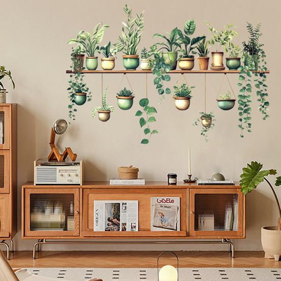 Potted Green Plant Shelf Wall Decal Tropical Plants Green Leaves Wall Stickers Removable Wall Art Murals for Living Room Bedroom Kitchen Office