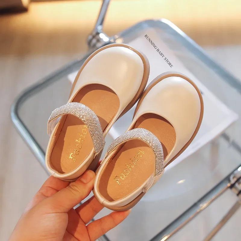 

Pure Color Girls Leather Shoes Spring Autumn Simple Princess Rhinestone Mary Janes Platform Heeled Children Shoes Girls I07165 26