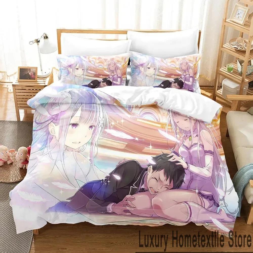 3D Anime Re Zero Rem Ram Emilia Bedding Set Duvet Cover Bed Set Quilt Cover Pillowcase Comforter King Queen Size Boys Adult