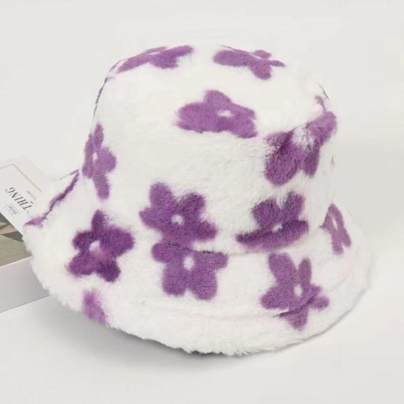 

Leisure Plush Cute Bucket Caps with Little Print Flowers,Women Autumn Winter Stars Warm Fishmen Hat Thick Faux Fur skullies Hats фіолетовий