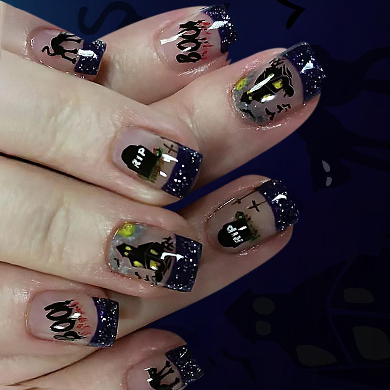 

24Pcs Halloween French Glitter Press On Nails Gothic Cat Castle Tomb Design ABS Material No Tools Needed For Party