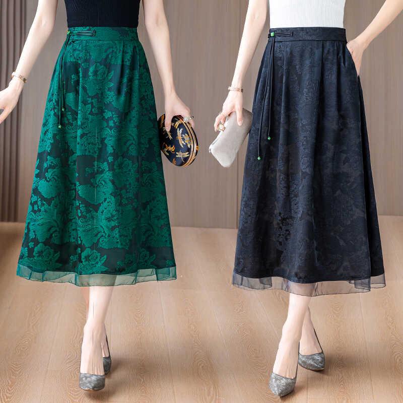 Damen Frühling/Sommer Schwarzer Jacquard A-Linien-Rock: Retro High Waist Schlankmachend für Mütter mittleren Alters