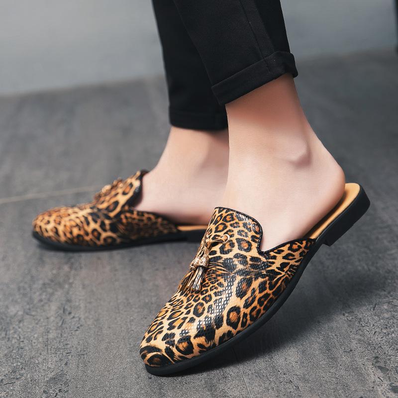 Men's leather slippers heelless large size bag head half slippers men's European station one pedal lazy shoes men's leopard print