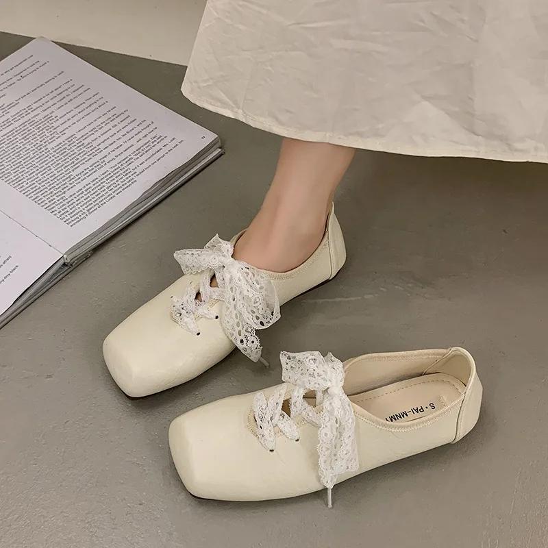 

Модная повседневная женская обувь Modis Элегантная с квадратным носком Женская обувь 2025 Новое платье Удобная летняя шнуровка Резиновая прошивка Для отдыха ПУ Фл 35 бежевый