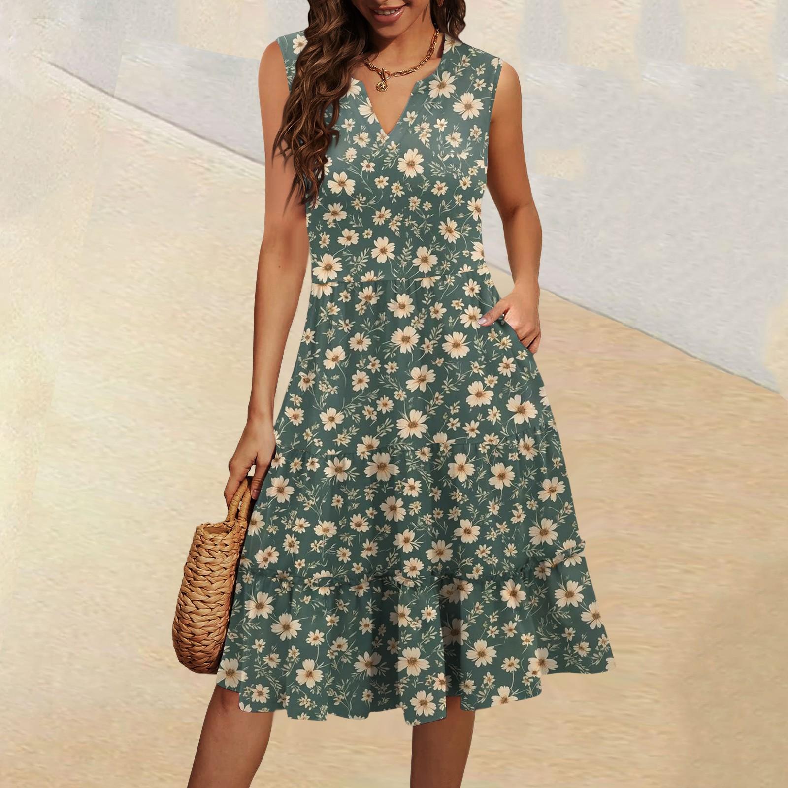 

Жіночі літні повсякденні сукні з V-подібним вирізом, плісе, з воланами, вінтажні, квіткові, без рукавів L армія зелений колір