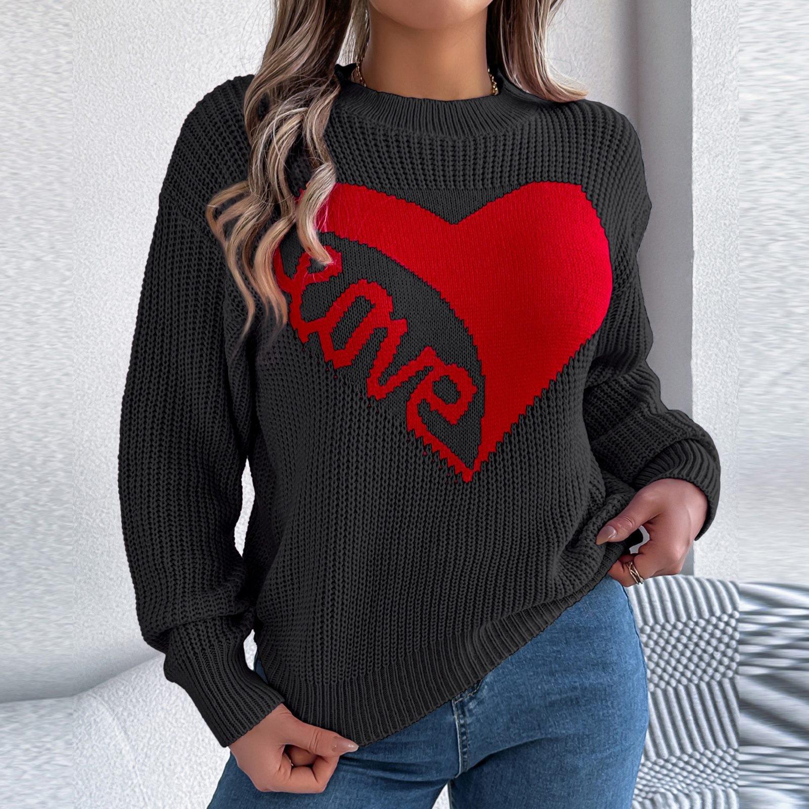 

Женская мода повседневный свободный свитер с длинным рукавом и принтом сердца LOVE L чёрный