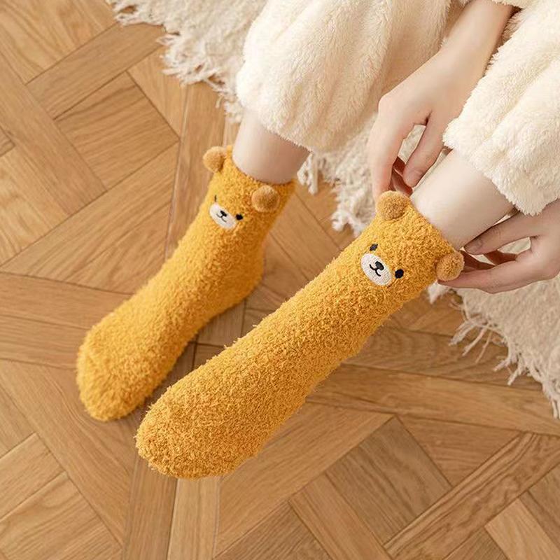 Korallenfleece-Socken für Damen Winter Nicht fusselnd Bodensocken Cartoon-Tier Plüsch Erwachsenen Dick Warm Schlafsocken