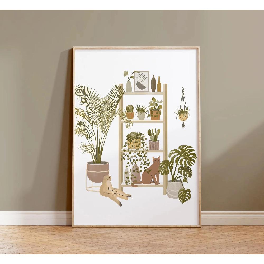 Watercolor Cute Kittens Potted Plant Canvas Print Cartoon Green Plants Animals Wall Art Postes for Modern Living Room Home Decor