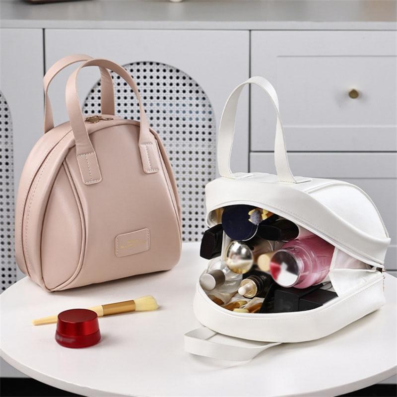 Handheld Shell Makeup Bag Large Capacity PU Leather+Polyester Travel Toiletries Storage Bag