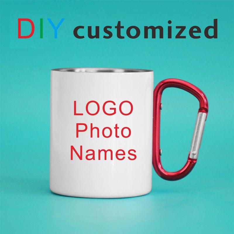 DIY Carabiner Cup 300ML ized Photo Text Stainless Steel Mug with Hook Hiker Outdoor Camp Travel Portable Container