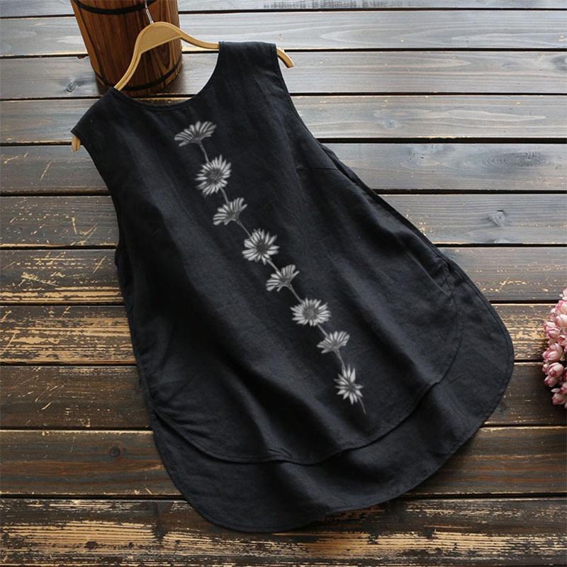 Danmo Women O Neck Sleeveless Tank Tops Floral Printed Cotton Linen T-Shirt
