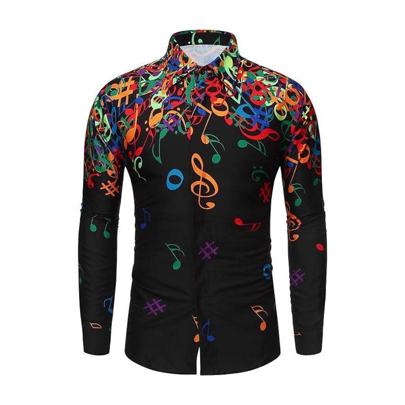Men's Button Up Shirt Music Notes Collar 3D Print Daily Vacation Long Sleeve Print Clothing Apparel Hawaiian Casual Beach
