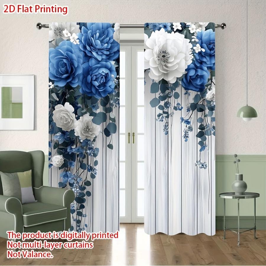 2PCS Digital Printed Curtains, Blue White Peony Design, Floral Flower Style for Living Room Bedroom Kitchen Home Decor