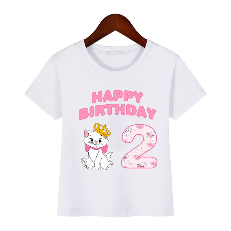 Cute Marie Cat Print Cartoon Girls Clothes 1 2 3 4 5 6 7 8 9 Years Happy Birthday Kids T Shirt Baby Boys Children T-Shirt Gift