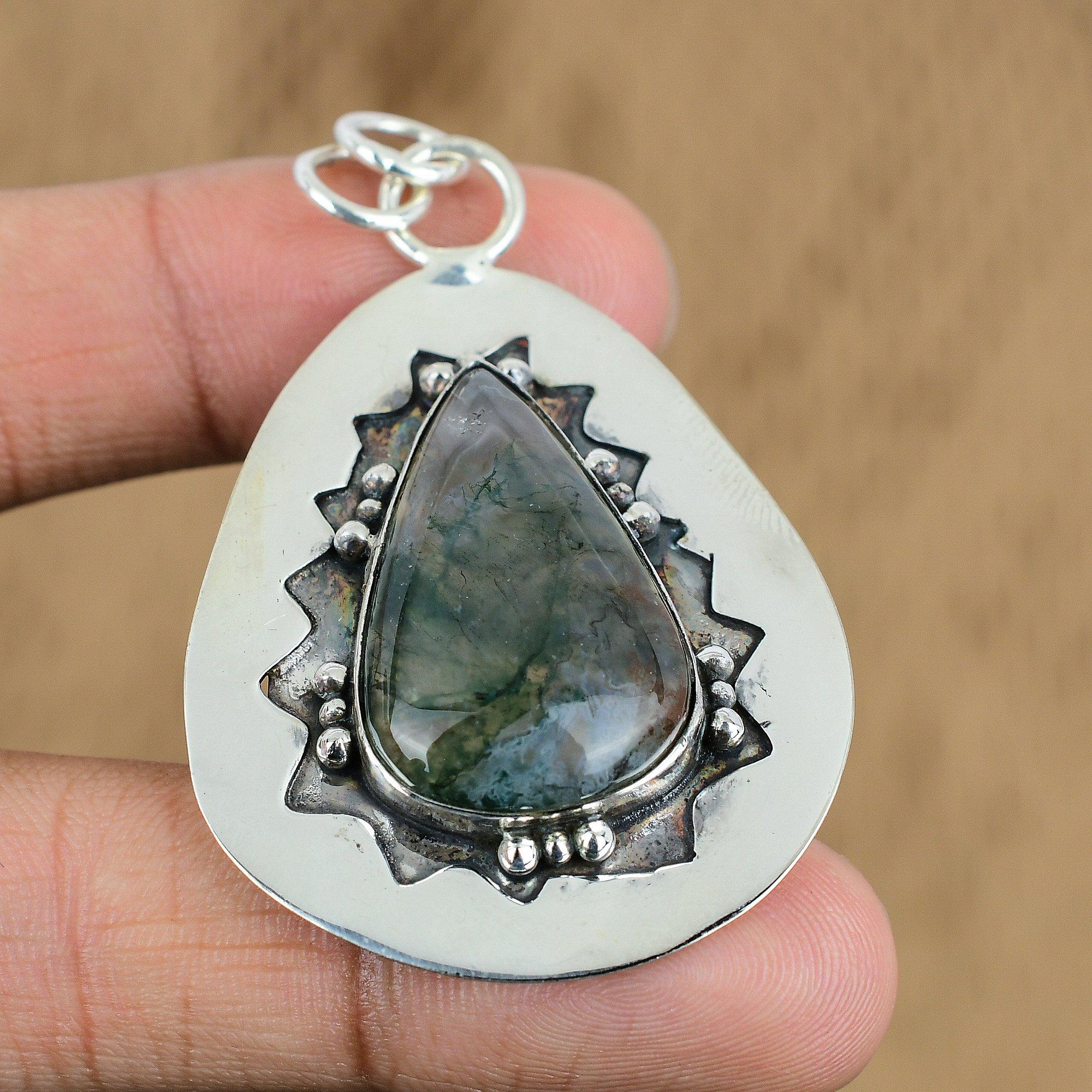 

Natural Solar Moss Agate Gemstone Pendant Green 925 Sterling Silver Jewelry