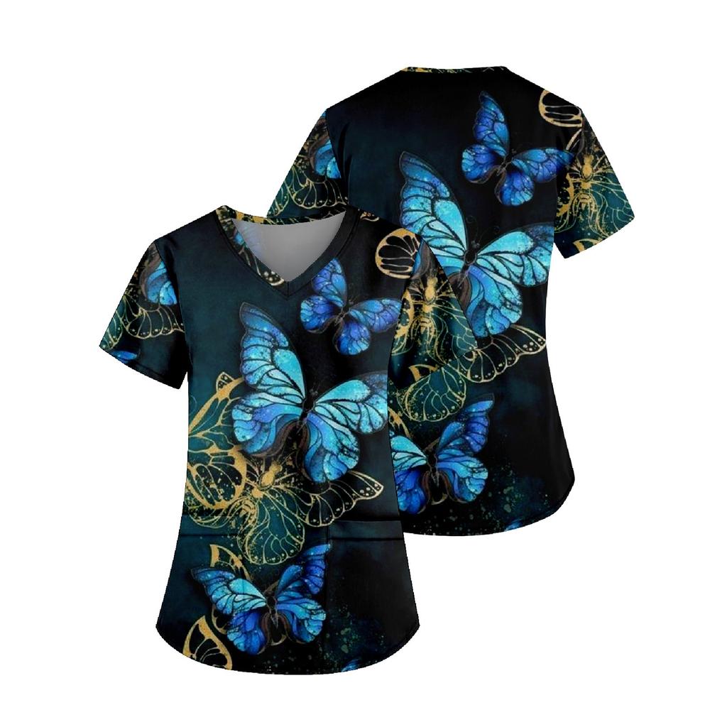 Women's Fashion Printed Work Uniform With Pocket T-Shirt Short Sleeve Top