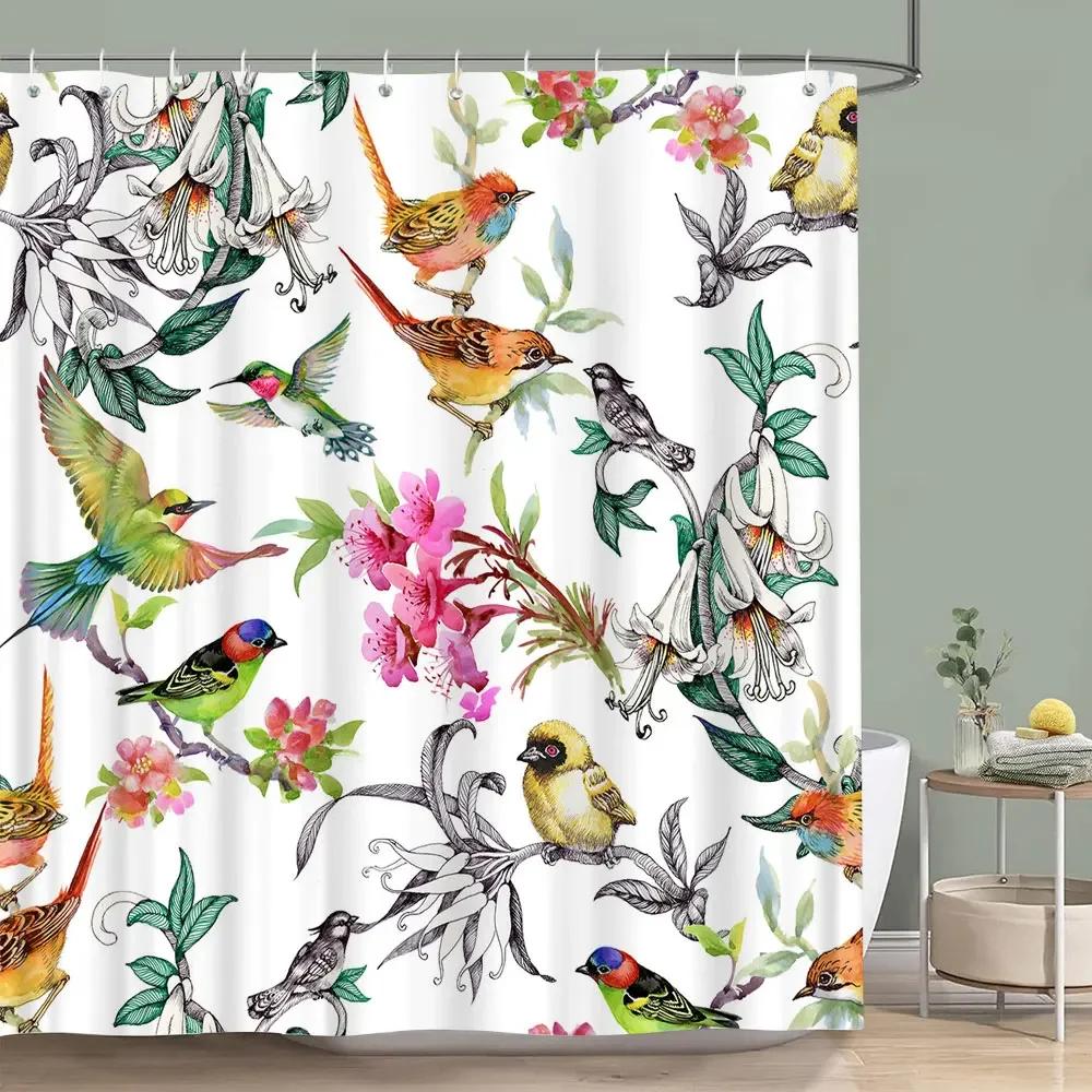 

Vintage Floral Colourful Bird Shower Curtain Watercolour Painting Art Creative Home Polyester Shower Curtains Bathroom Decor 90X180cm