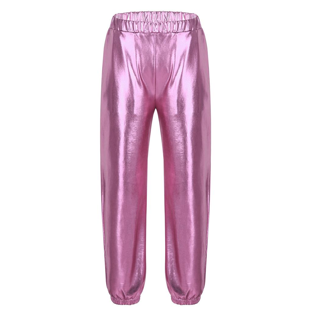 Girls Metallic Shiny High Rise Elastic Waist Dance Pants Side Pockets Hip Hop Streetwear Sweatpants for Stage