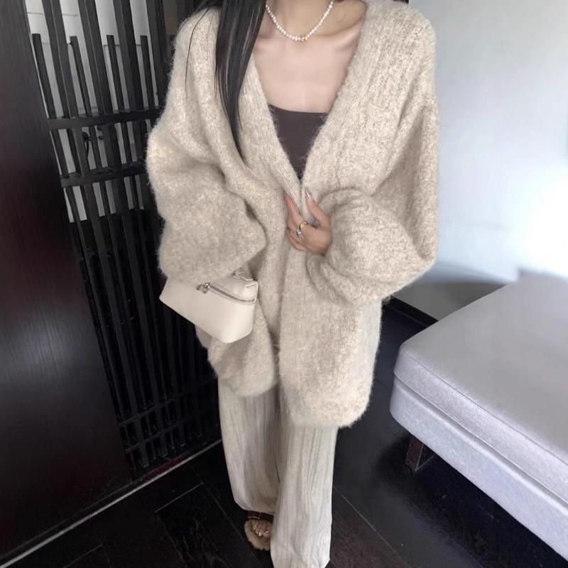 

Gentle wind soft waxy knitted cardigan top women s autumn and winter new solid color versatile loose lazy sweater jacket one size fits all