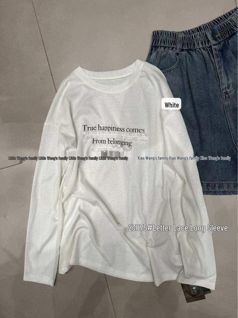Xiao Wang's Spring 23075 Korean Loose Plus Size Casual Letter Long Sleeve T-Shirt