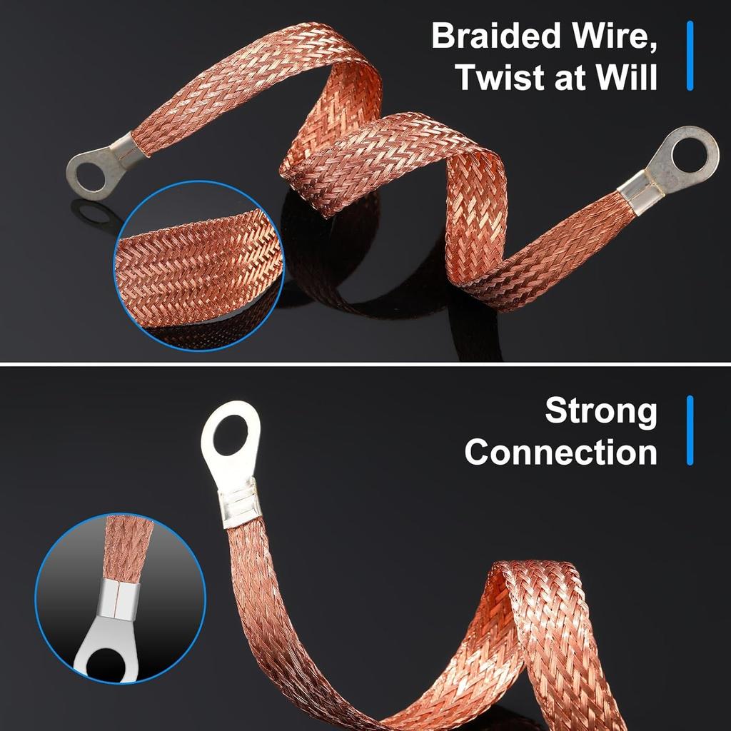 12 Pcs Universal Automotive Ground Straps, 10/15/20 Inch Engine Ground Strap Kit With Ring Terminals, Braided Copper Tinned Copper Engine Grounding