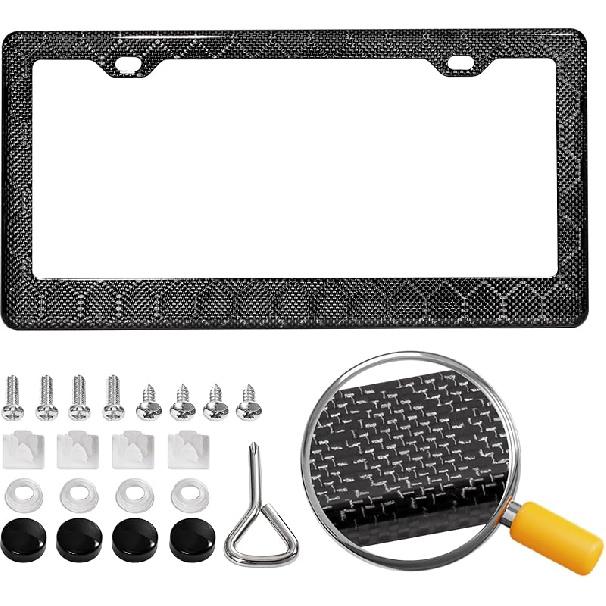Real Carbon Fiber License Plate Frame, 100% Pure Carbon Fiber Frame, Black License Plate Holder Cover With Screw Caps, Anti-Vibration Pads, (Twill 2