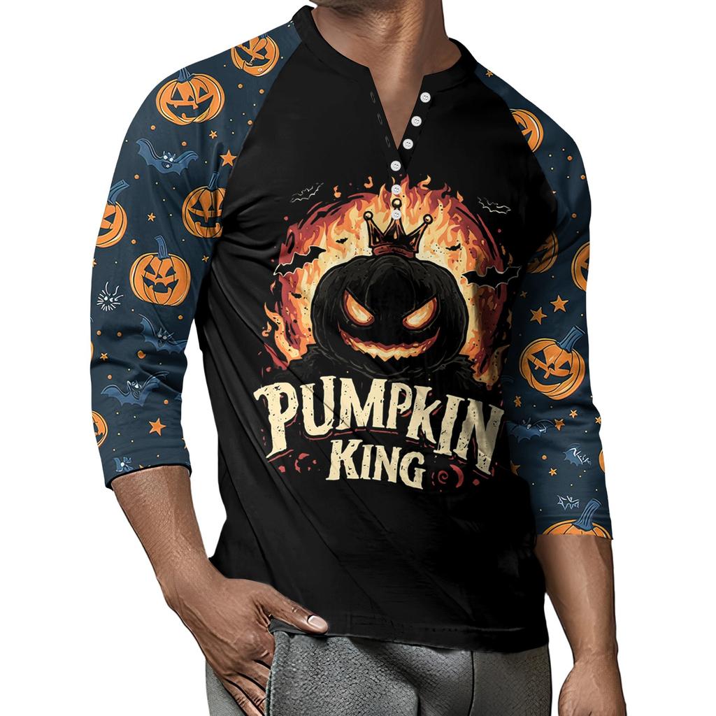 Men's Button-Down Contrast Raglan 3/4 Sleeve Top