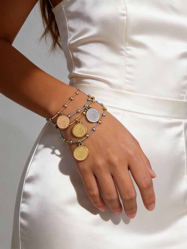 Edelstahl St. Benediktusmedaille Perlenkettenarmband Vergoldet Religiöses Kreuz Katholischer Schmuck Anlaufgeschützt Taufe Geschenk