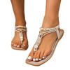 Women's Flat Sandals Open Toe Slingback Elastic Strap Casual Summer Shoes with Embellished Toe Post and Square Sole Design