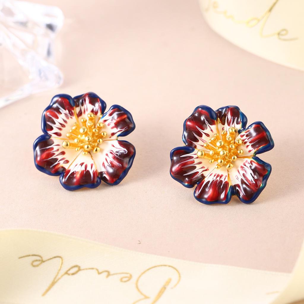 Red three-dimensional enamel flower earrings spring French high-end retro niche versatile fashion earrings