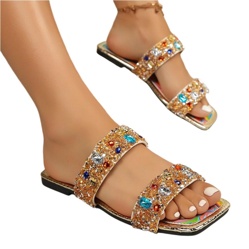 Sommer Damen Flache Riemchensandalen mit dekorativen Strasssteinen Bequeme Slip-On Sandalen Offene Zehenpartie Lässige Schuhe für den Außenbereich und Innenbereich