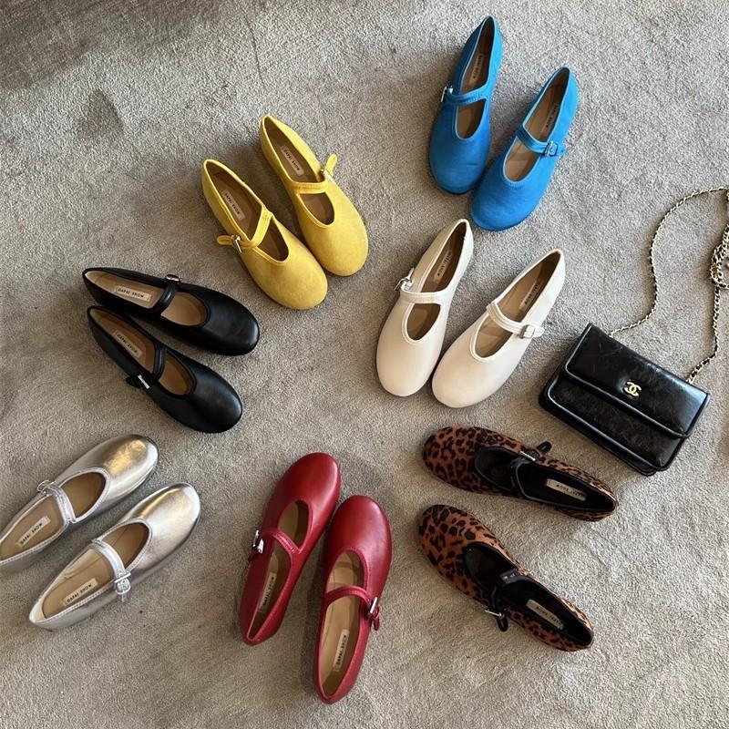 2025 Spring and Autumn New One-word Belt Mary Jane Single Shoes Women's Shallow Mouth Ballet Shoes Flat Red Small Leather Shoes