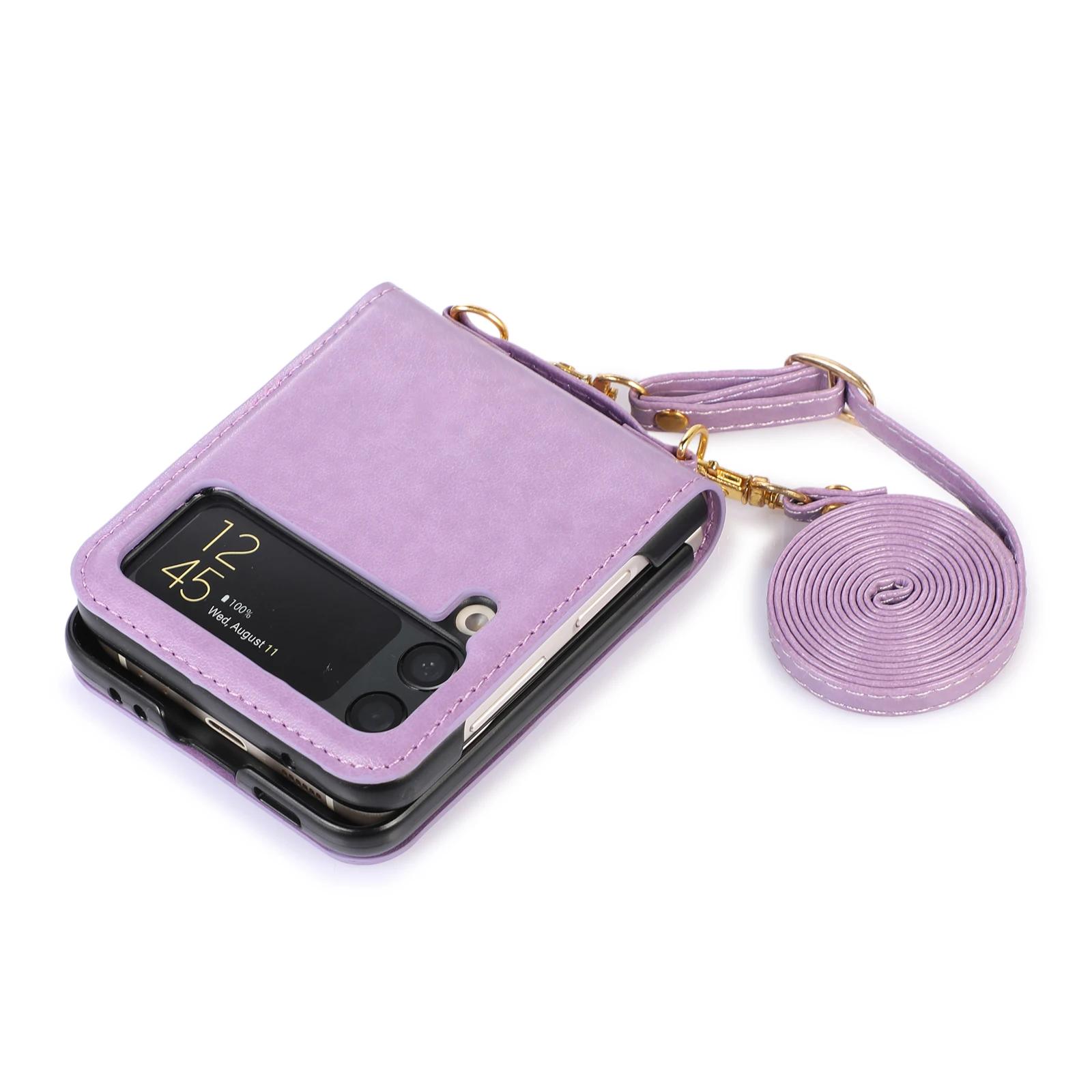 

Crossbody Chain Lanyard Phone Case for Samsung Galaxy Z Flip 7 6 5 4 3 Faux Leather Cards Solt Shockproof Slim Back Cover Fundas For Galaxy Flip3 5G&Case & Strap фиолетовый