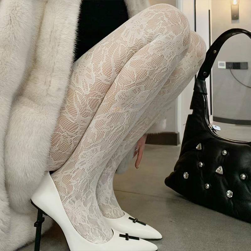 Women Sexy Brown Hollow Out Mesh Thigh High Socks Lolita Long Socks New Floral Pattern Coffee Fishnet Stockings with Suspender