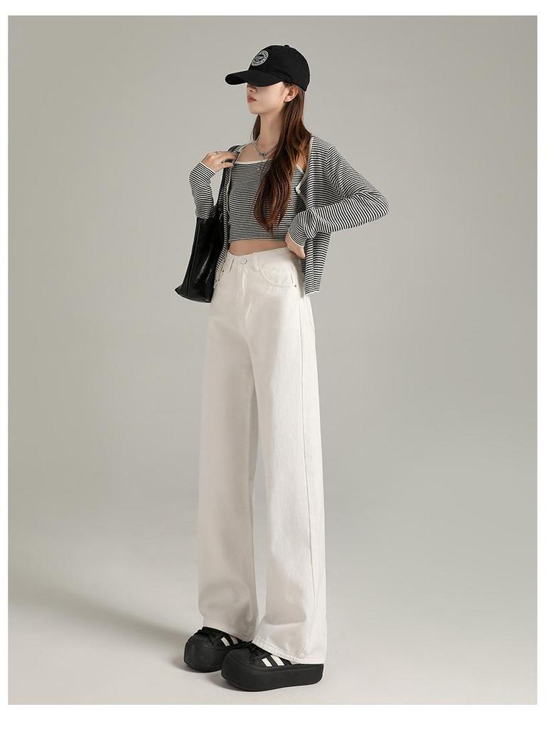 2025 New Women's High-Waist Slim Fit White Wide-Leg Jeans - Versatile Summer Thin Trousers