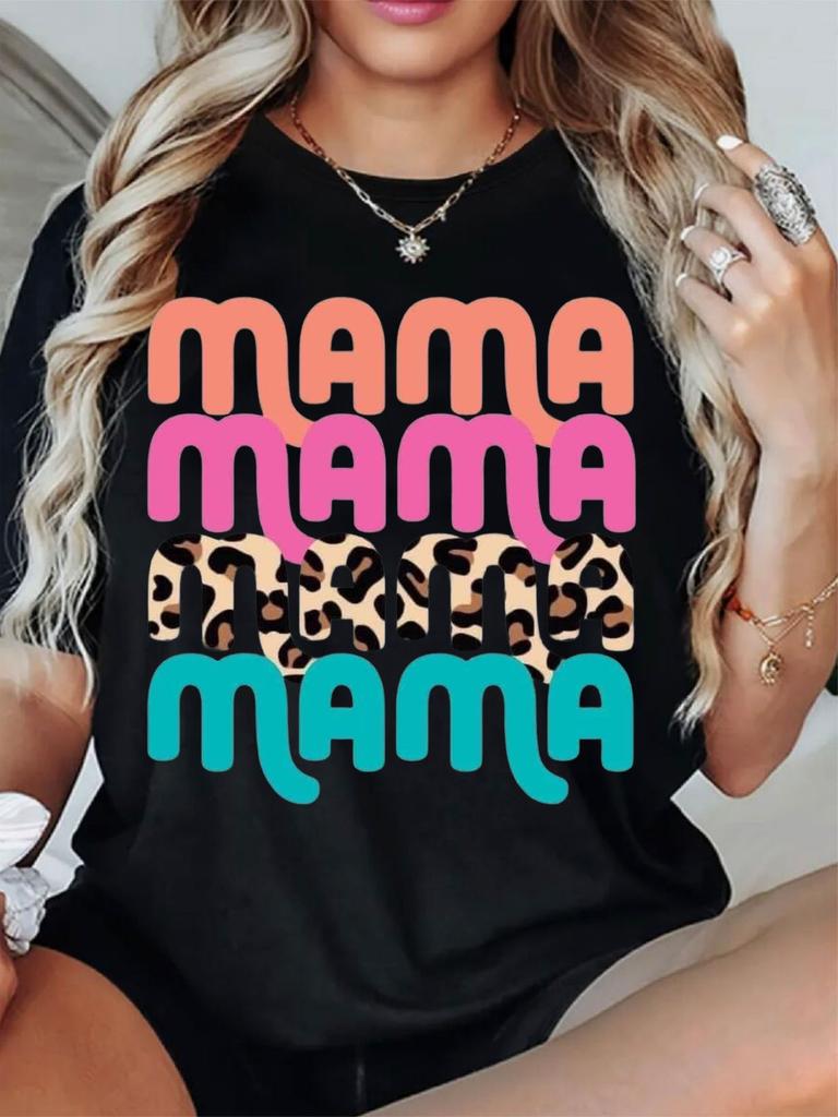 Women's Casual Short Sleeve Crew Neck T-Shirt - Bold "MAMA" Graphic Print with Leopard Accents, Black & Pink Lettering,