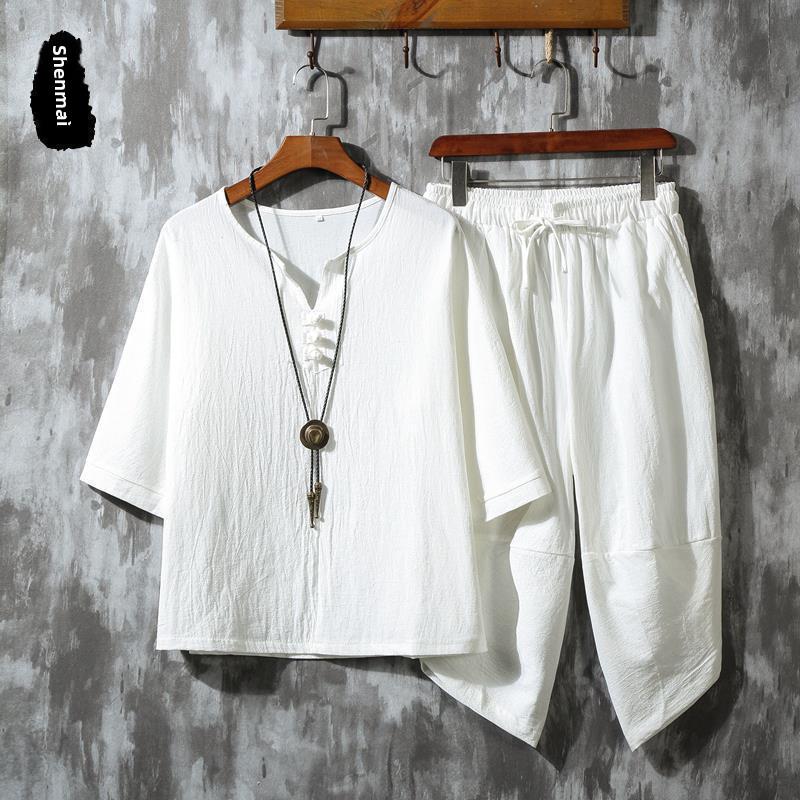 Men's Retro Chinese-Style Cotton & Linen Buttoned Three-Quarter Sleeve T-Shirt and Shorts Set