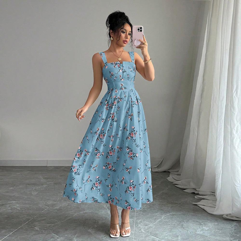 2026 European and American New Halter Suspenders, Temperament Printing To Win Fashionable Long Dresses
