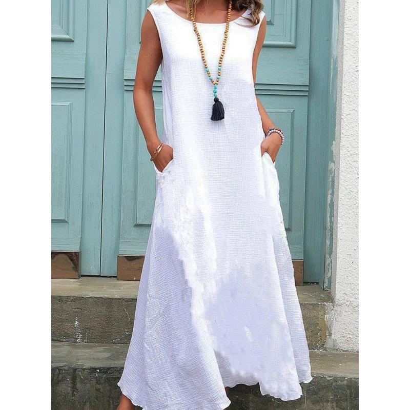 IHUASU Fashion Summer Spring Solid Color Print Sleeveless O-Neck Casual Dresses