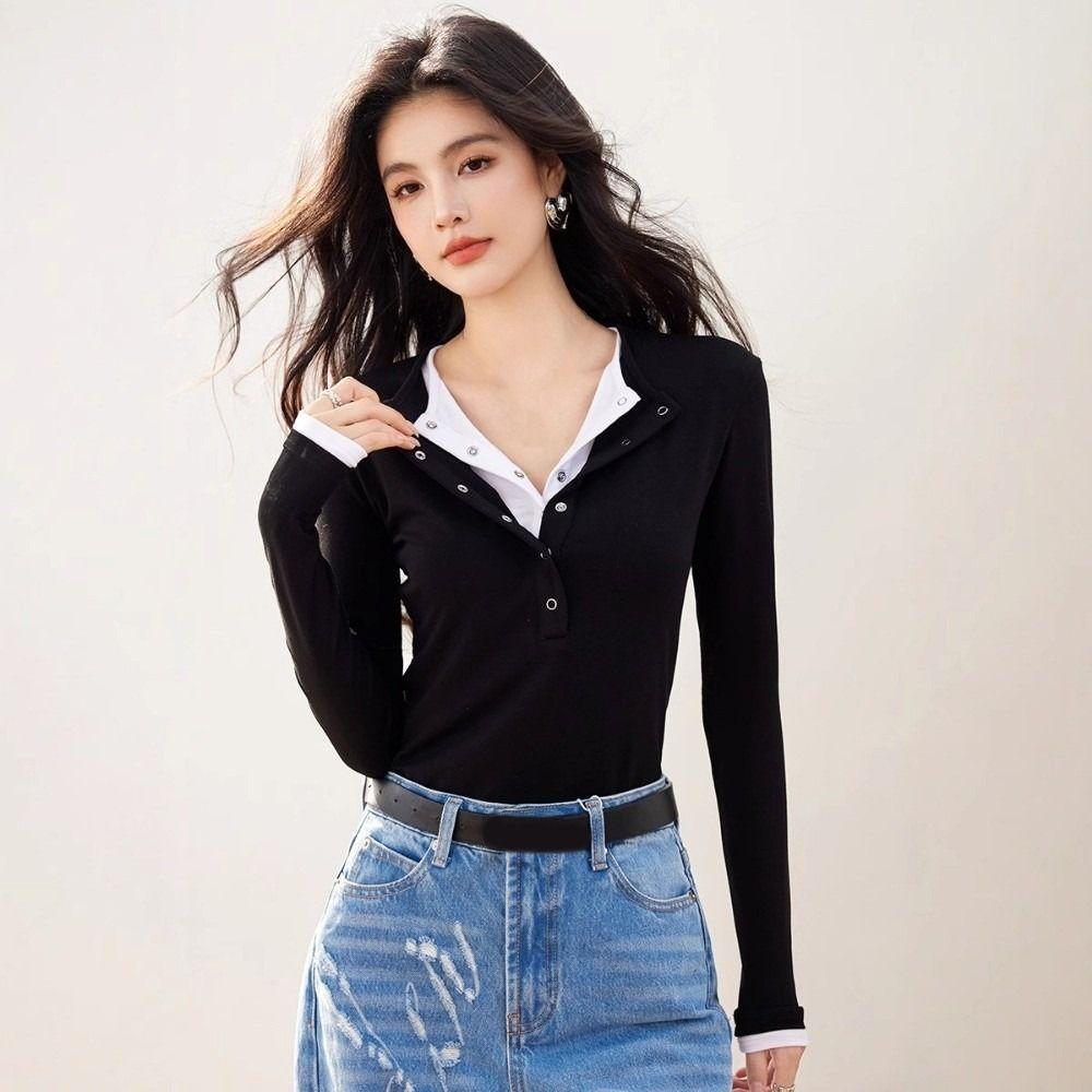 Patchwork Fake Two-Piece T-Shirt V-Neck Base Shirt Y2K Style Long Sleeve Top Casual Wear
