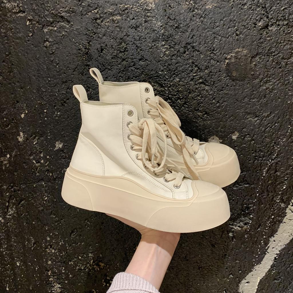 Cowhide Version~ Same Leather Round Head Platform Martin Boots Women's Short Boots High-top Casual Little White Shoes Women's Board Shoes