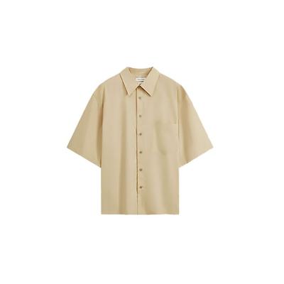 Camisa de Algodón de Color Sólido con Botonadura Sencilla, Holgada y de Manga Corta para Hombre, Tops Caqui 40LM114-CF1