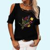 Women Fashion Round Neck Tee Shirt Summer Off Shoulder Short Sleeve Top Casual Floral Print T-shirt