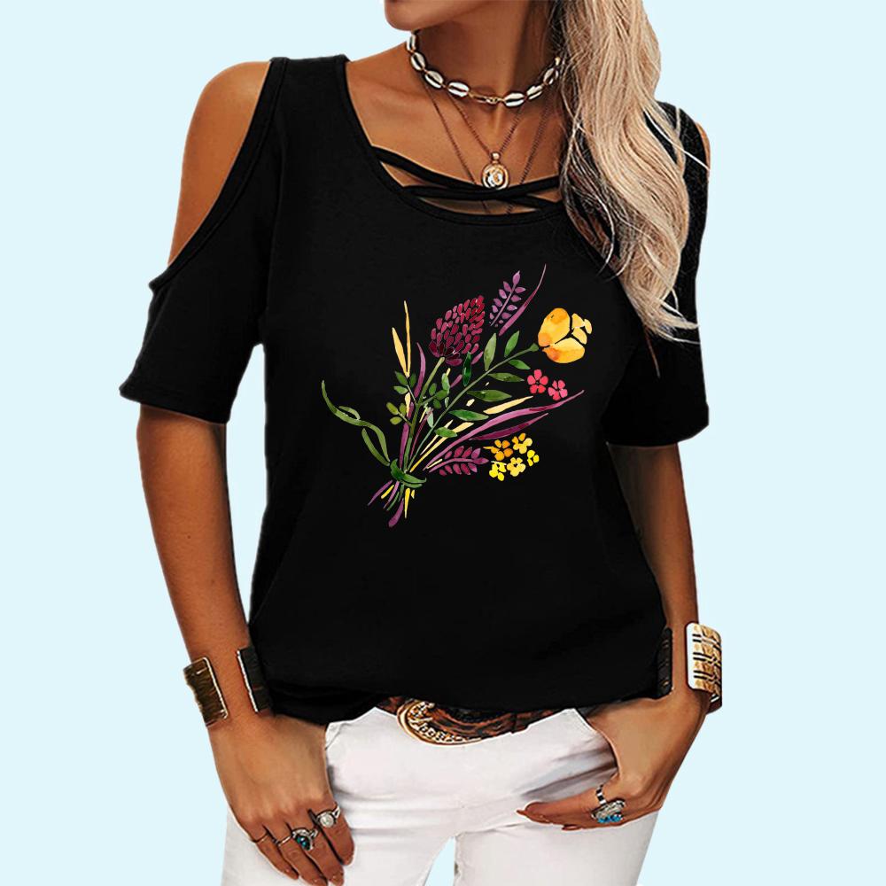 Women Fashion Round Neck Tee Shirt Summer Off Shoulder Short Sleeve Top Casual Floral Print T-shirt