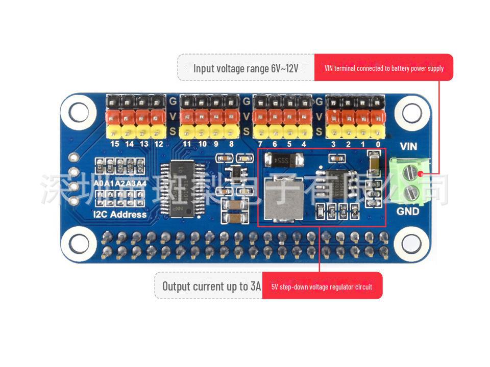 Placă de servomotor Raspberry Pi cu 16 canale, interfață I2C cu rezoluție de 12 biți, pin drept.