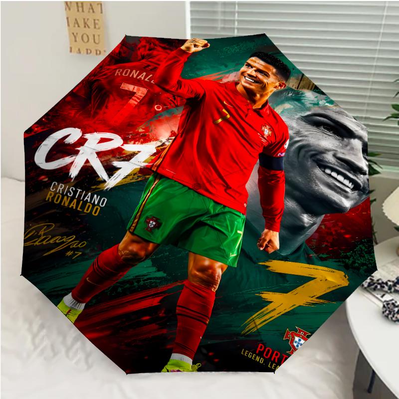 Cristiano Ronaldo Print Automatic Umbrella, 8 Rib Iron Frame, Plastic Handle, Suitable for Outdoor Travel &Daily , Ideal Gift