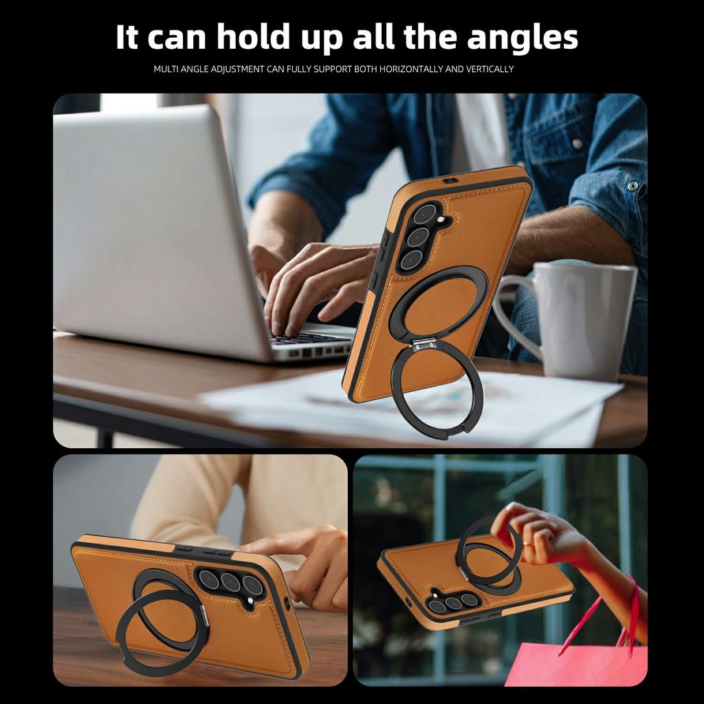 For Samsung Galaxy S25+ Case with Ring Kickstand Magnetic Case PU Leather Back Cover