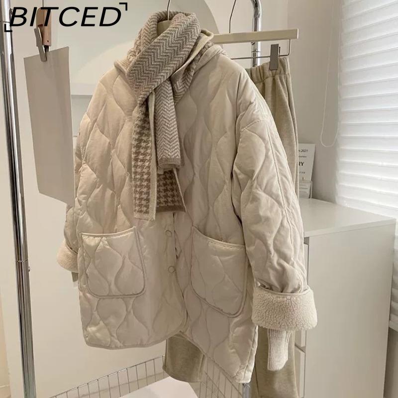 

BITCED Повседневная хлопковая куртка с ромбовидным узором, укороченным воротником без воротника и флисовой подкладкой S бежевый